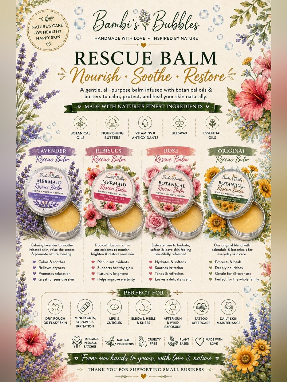 New! Bambi's Bubbles 2oz  Rescue Balm -Lavender, Hibiscus, Rose, Or Calendula